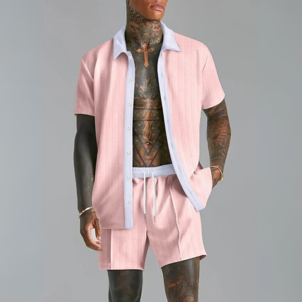 Men's Blush Pink w/ White Contrast Collared Neck Short Sleeve Top &Shorts Outfit